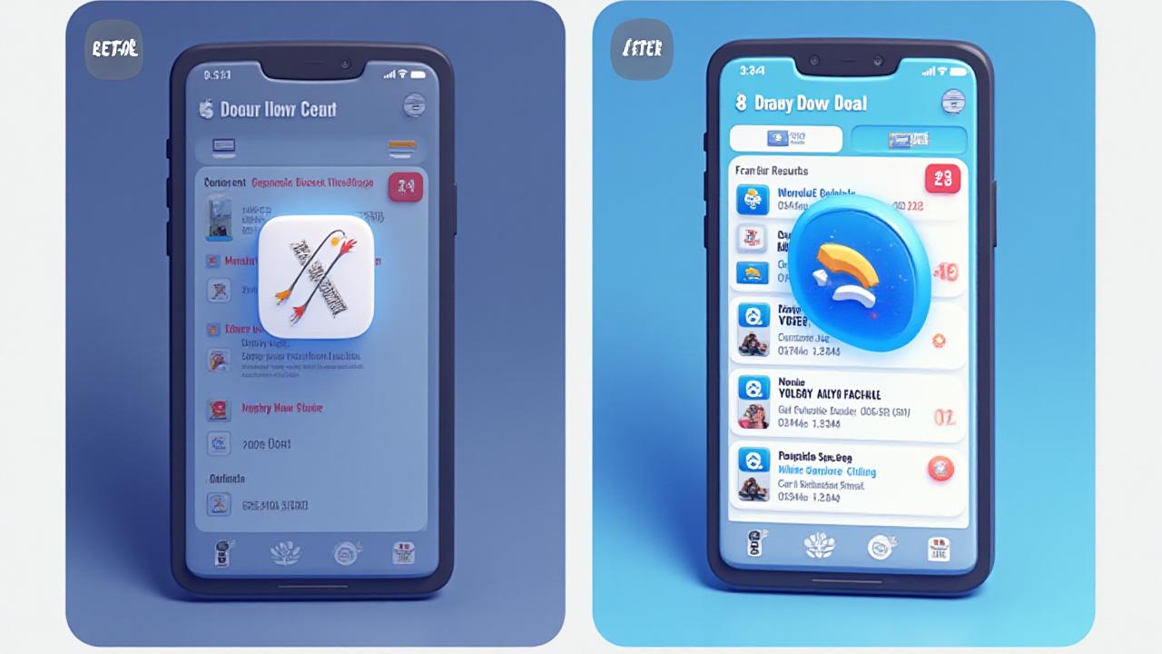 Before and after comparison of app store visibility: a generic app lost on search page 3 versus a prominent app ranked #1 with a 'Featured' badge