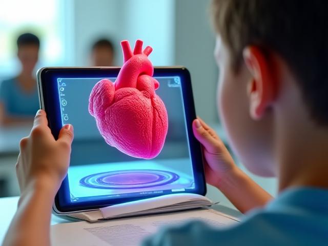 Student interacting with an AR model of the human heart during a lesson