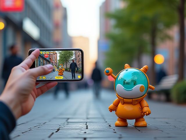Person interacting with an AR game character on a city street