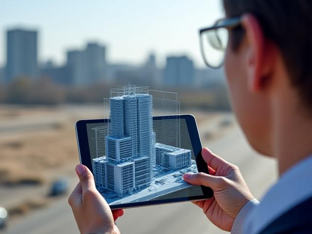 AR app visualizing an unbuilt building on an empty lot