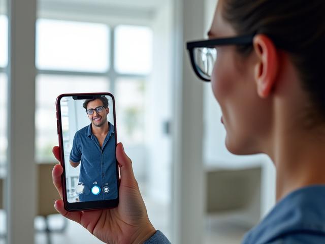 Customer using AR app to virtually try on glasses in their home