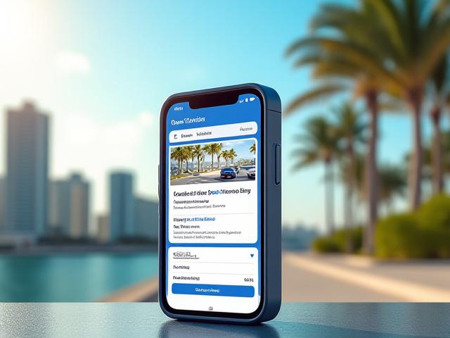 Screenshot of a Miami-based local service app with city skyline in background