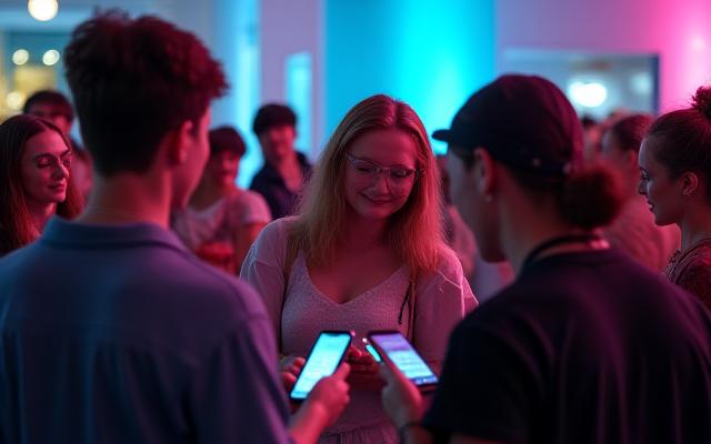 Excited crowd at a Miami app launch party with bright lights and vibrant energy