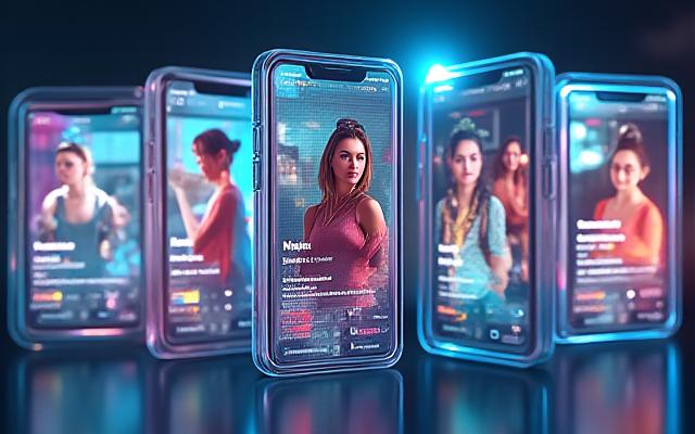 Diverse social media feeds on phone screens, vibrant and engaging, showcasing influencers promoting a mobile app